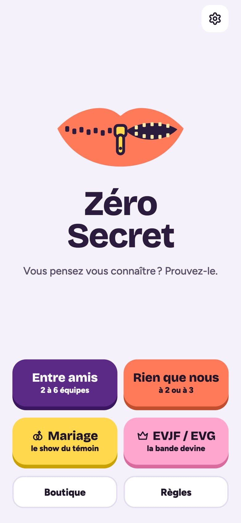 L’écran d’accueil de Zero Secret