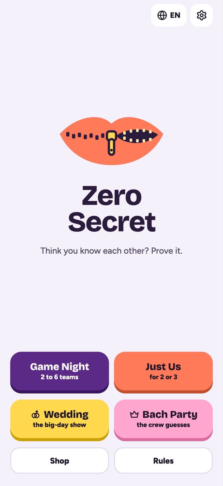 The Zero Secret home screen