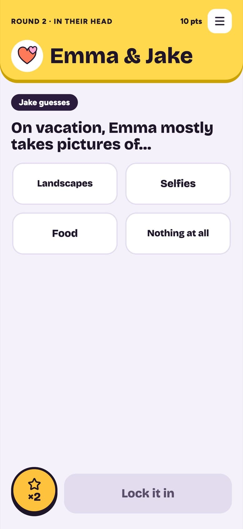 Round 2: Jake guesses what Emma mostly takes pictures of on vacation